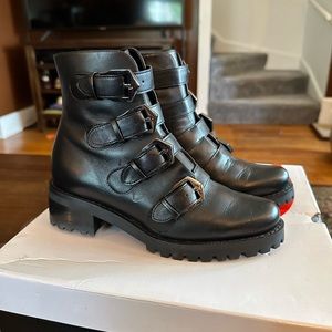 Blonde Black Leather Buckle Boots Booties 6.5